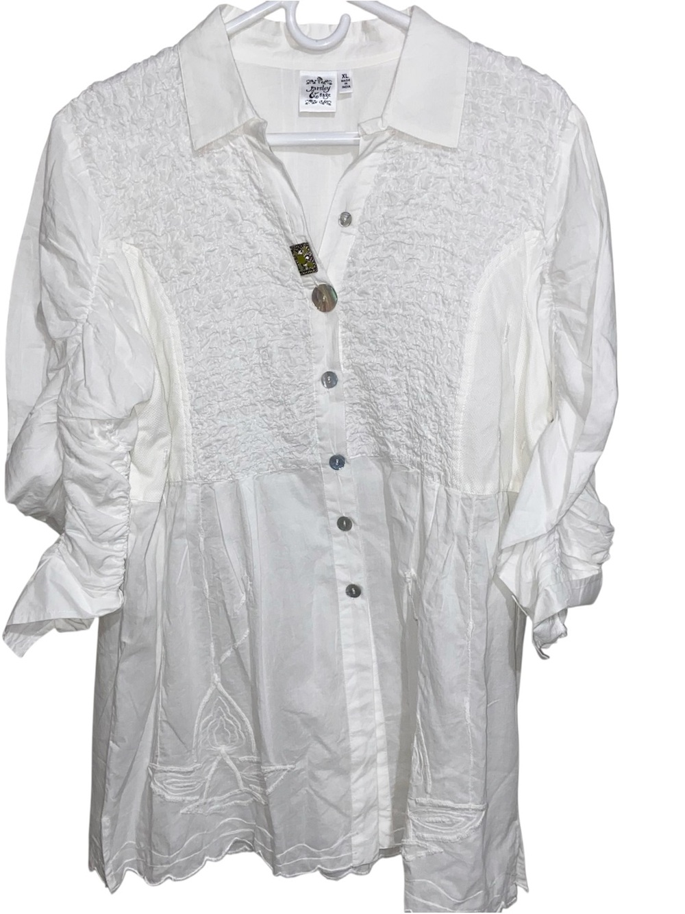 Parsley & Sage Shirt Womens XL Button Tunic Embroidery Pleated Cottagecore Artsy